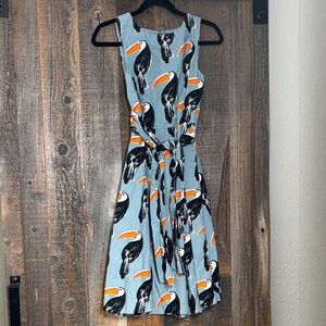 Ann Taylor Light Blue Toucan Print Midi Dress with Self-Tie Waist